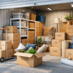 Organised self storage unit with packed boxes and household items during a house move